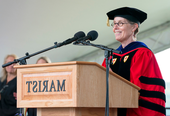 Image of Dr. Catherine Kodat speaking during commencement.